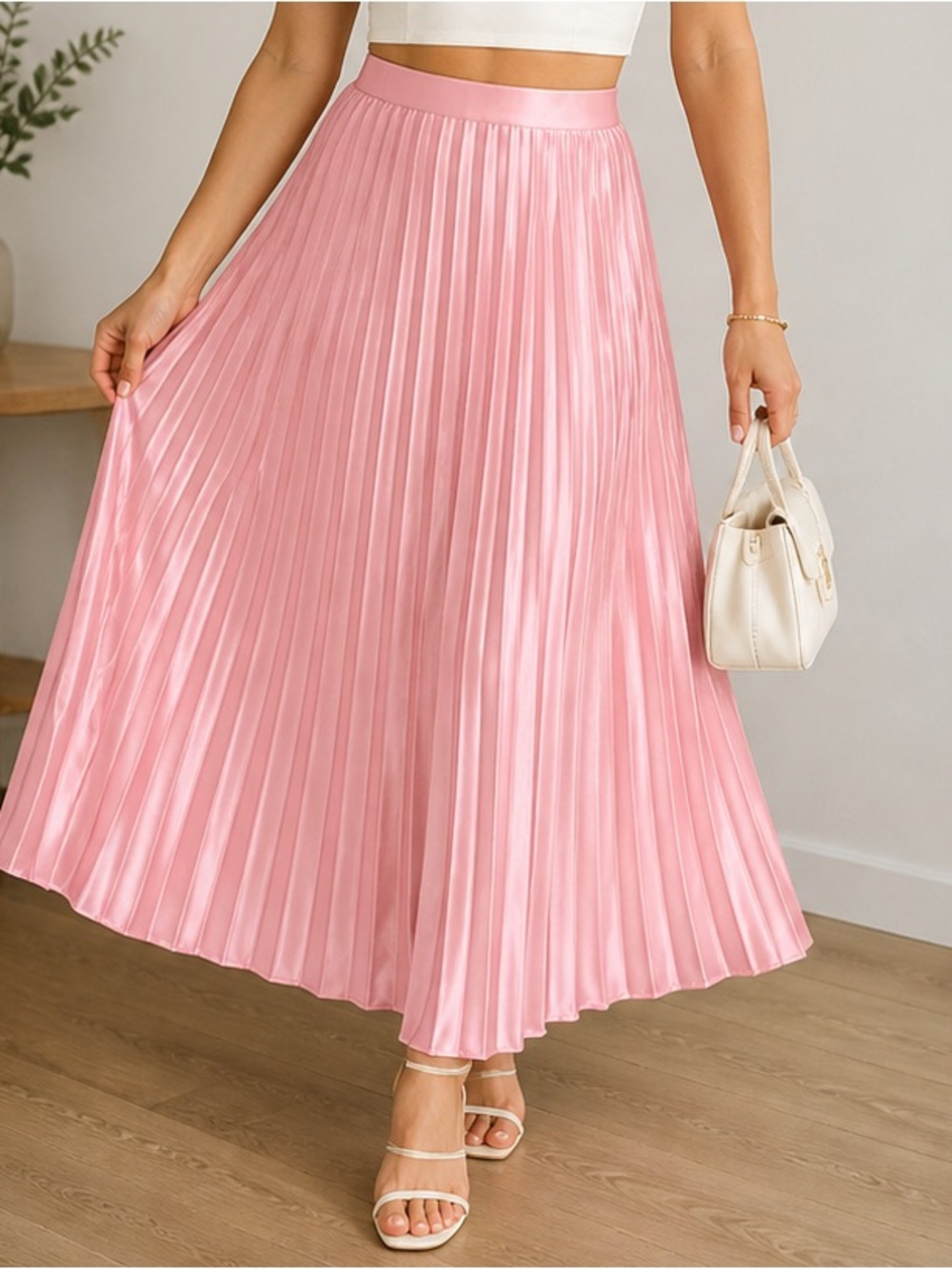 SVS Pink Satin Pleated Midi Skirt - Flowy A-Line
